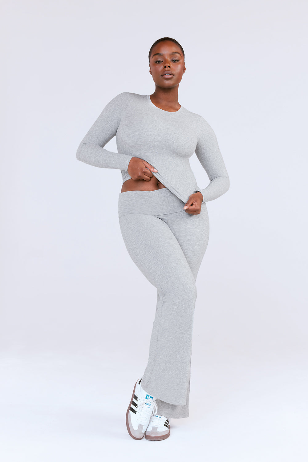 SCULPTING LOUNGE MULTIWAY FOLD WAIST FLARED TROUSERS - GREY MARL