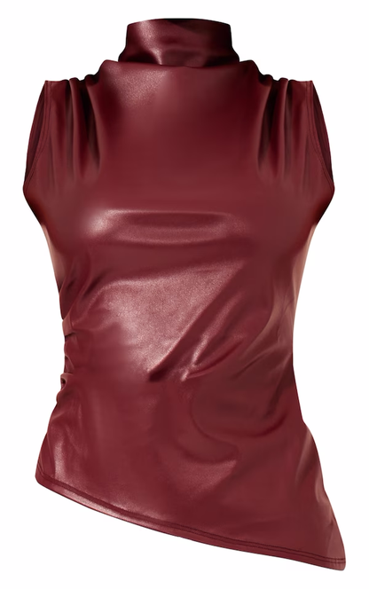 Dark Red Leather High Neck Top
