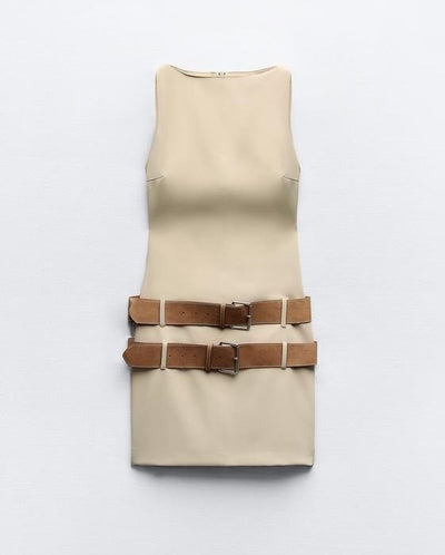 Alexis Double-Belt Beige Dress