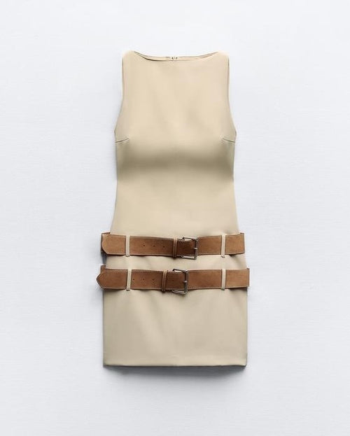 Alexis Double-Belt Beige Dress