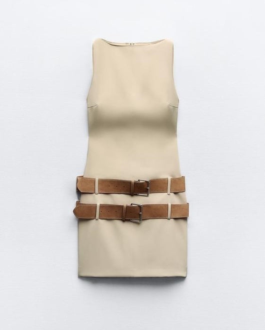 Alexis Double-Belt Beige Dress