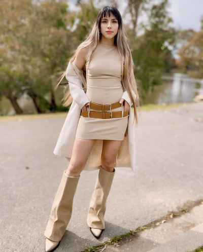 Alexis Double-Belt Beige Dress