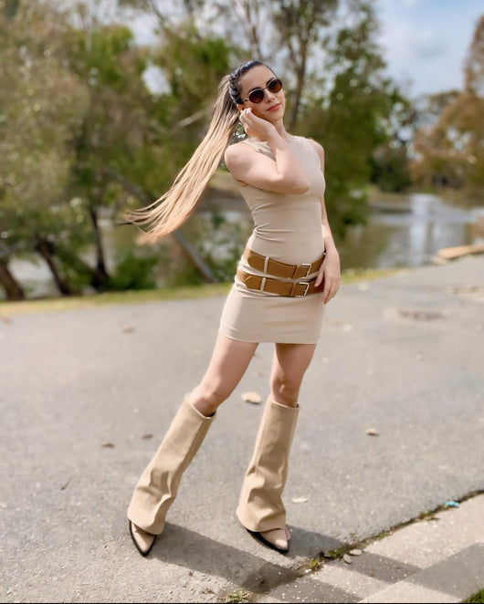 Alexis Double-Belt Beige Dress