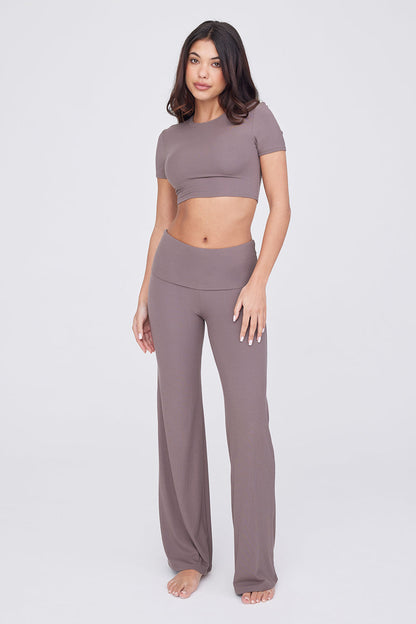 SCULPTING LOUNGE MULTIWAY FOLD WAIST FLARED TROUSERS - MOCHA