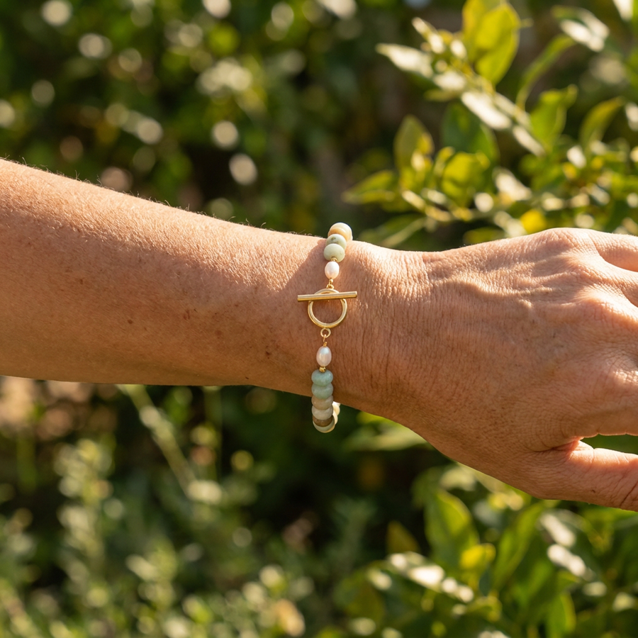 Natural Amazonite Stone and Pearl Toggle Bracelet