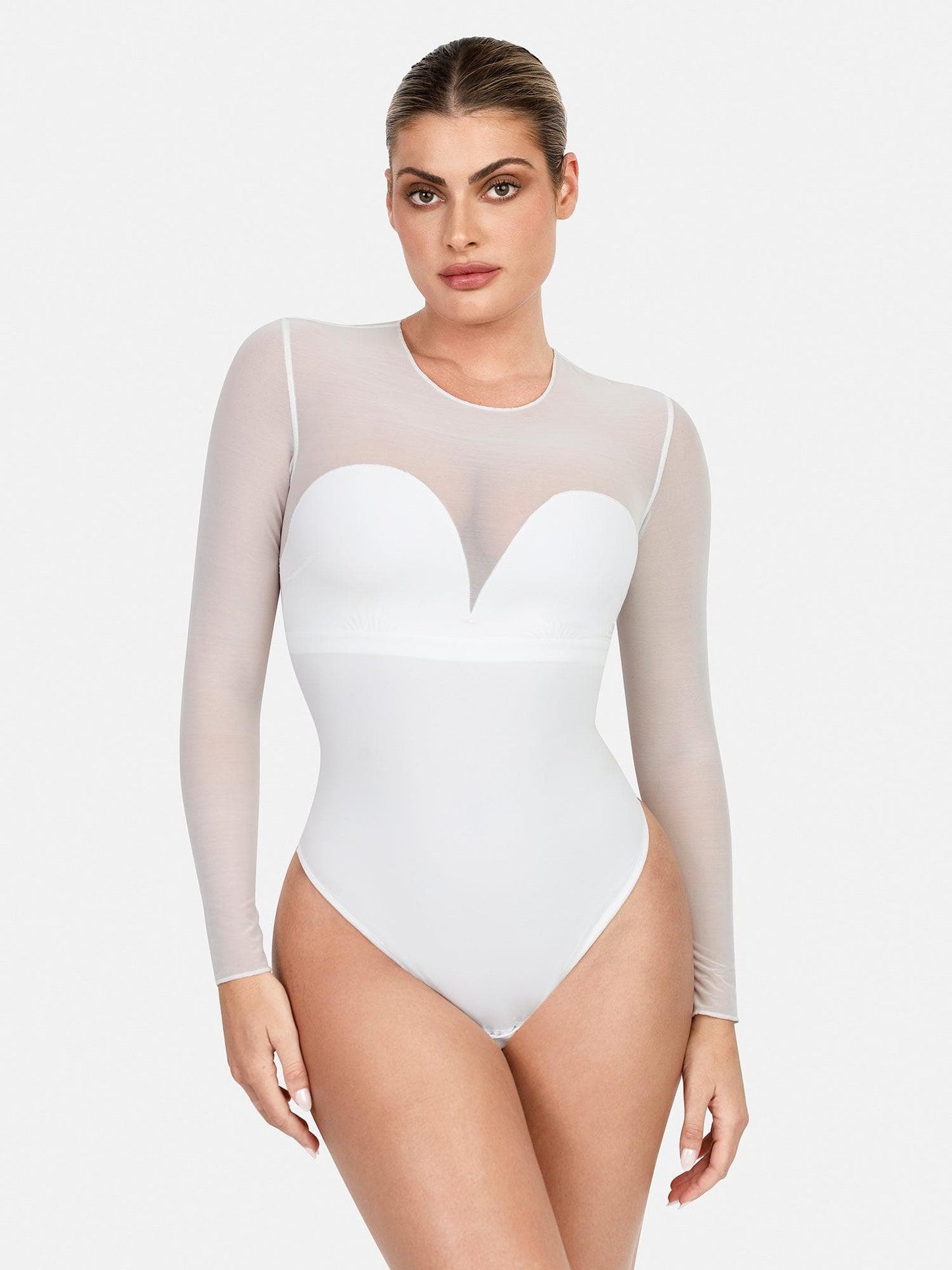Sheer Mesh Shapewear Long Sleeve Thong Bodysuit